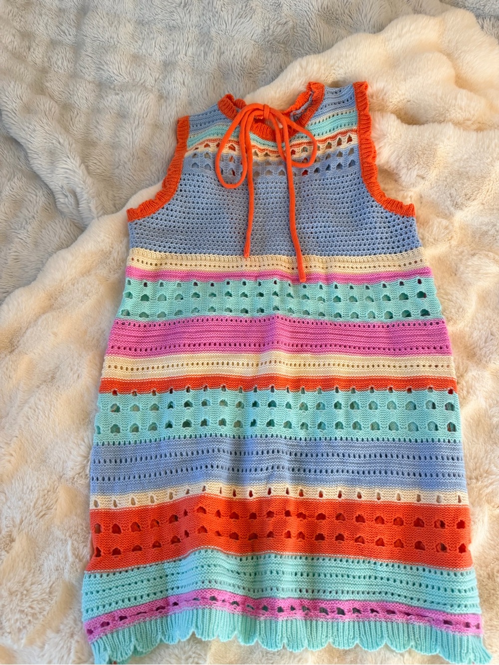 Popvil Crochet Sleeveless Rainbow Stripe swimsuit coverup with Orange Trim nwo